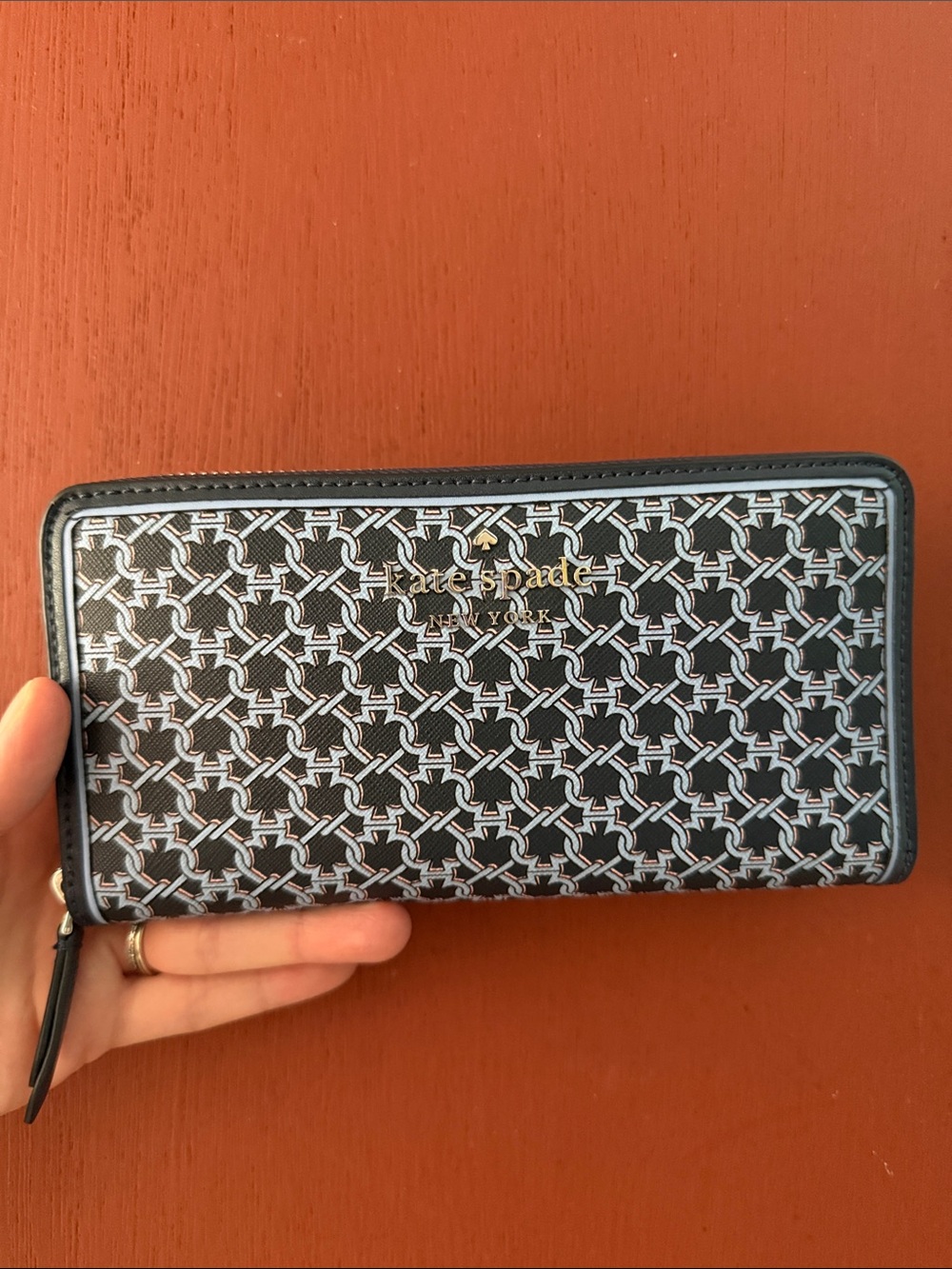 kate spade Navy Geometric Zip-Around Wallet with Gold Logo